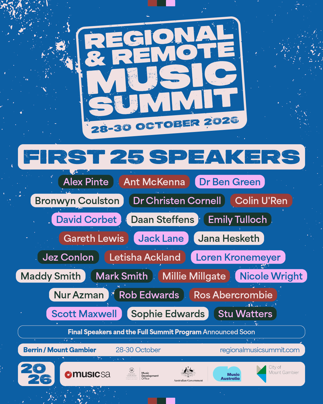 Regional & Remote Music Summit poster announcing the first 25 speakers for 28-30 October 2026 in Berrin / Mount Gambier.